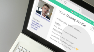 The image captures the uncertainty of online dating, reflecting the question, "Will I ever find a partner?" The dating profile with messages and notifications symbolizes the search for connection and the doubts that come with it.