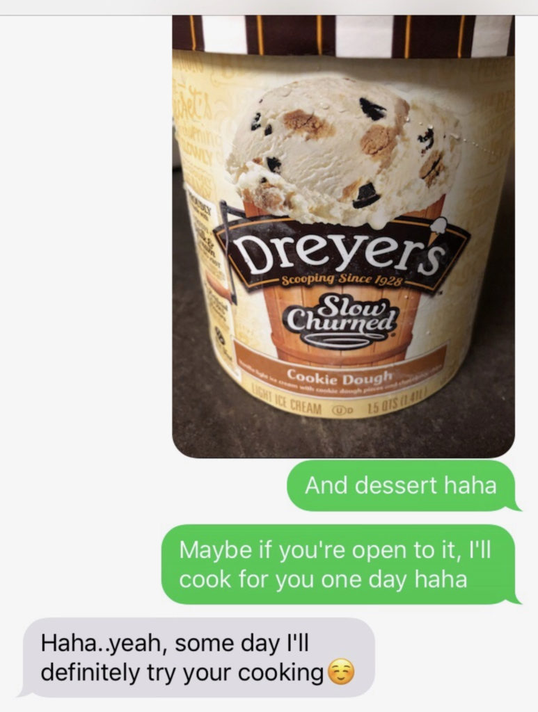 The photo illustrates a friendly and playful text exchange, demonstrating "how to flirt with a girl over text." The conversation includes an image of Dreyer's ice cream, and the person suggests cooking for the other someday, receiving a positive and encouraging response. 