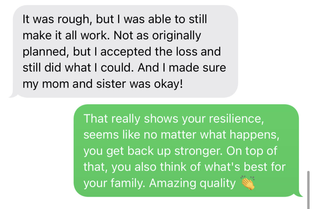 The photo shows a supportive and complimentary text exchange, illustrating "how to flirt with a girl over text." The conversation highlights admiration for her resilience and care for her family, blending genuine praise with a flirty tone.