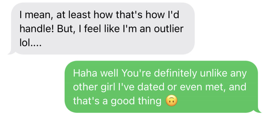 The purpose of the photo is to show a flirty text conversation. The person uses a lighthearted and genuine compliment to make the girl feel special.