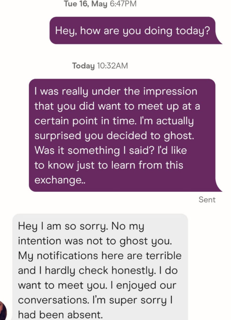 This image shows a real conversation where someone followed up after being ghosted—and actually got a response. It highlights the power of using calm, honest, and emotionally open messages when communication goes silent.