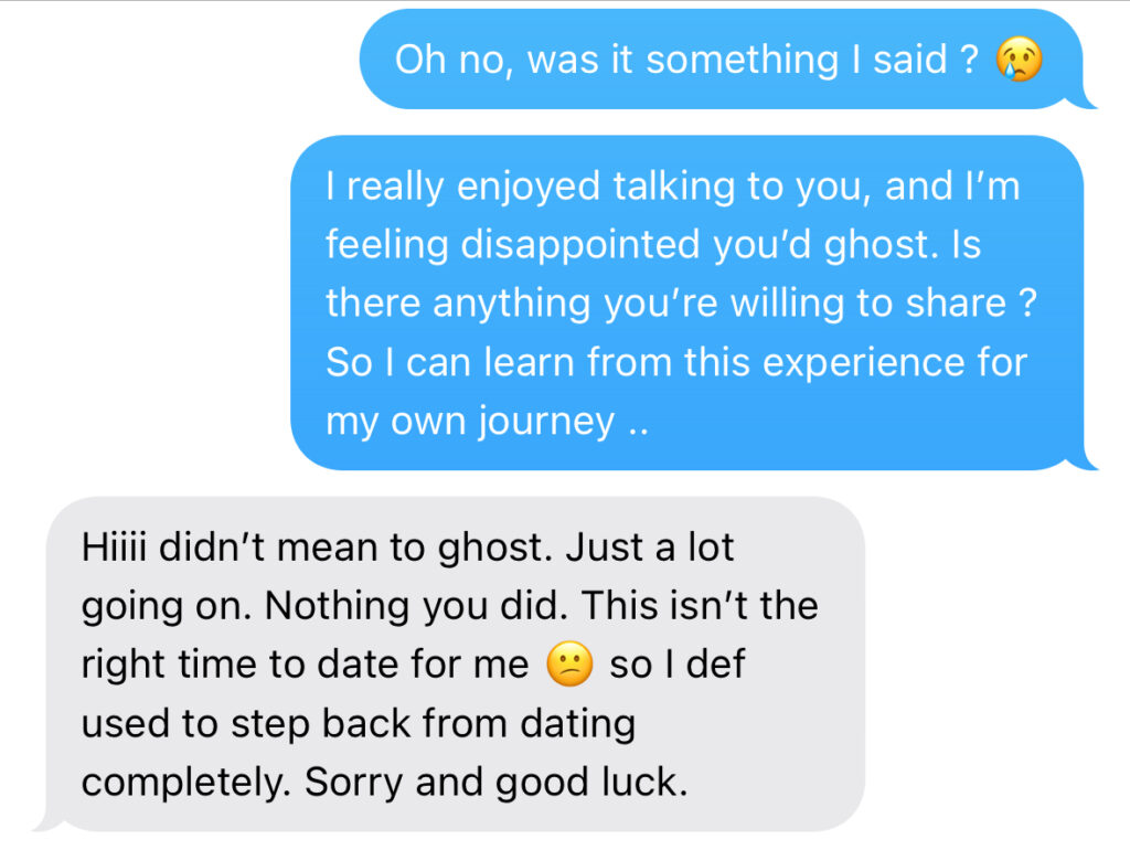 This image shows an example of a calm, emotionally honest message sent after being ghosted—and how it led to a thoughtful reply. It highlights how expressing feelings respectfully can open the door to honest communication and closure.