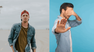 Two men representing different sides of dating as a quiet guy—one confident and calm, the other shy and hesitant in social situations.