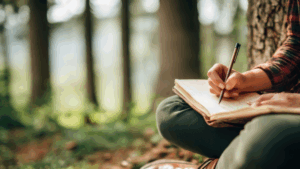 Introverted man journaling in a quiet cafe, reflecting on his values and personality traits to become more intentional in dating and show depth beyond surface-level interests.