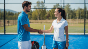 A man and woman shake hands after a tennis match, showing a natural, low-pressure way to start conversations in shared activities &mdash; fitting the topic how introverts talk to women.